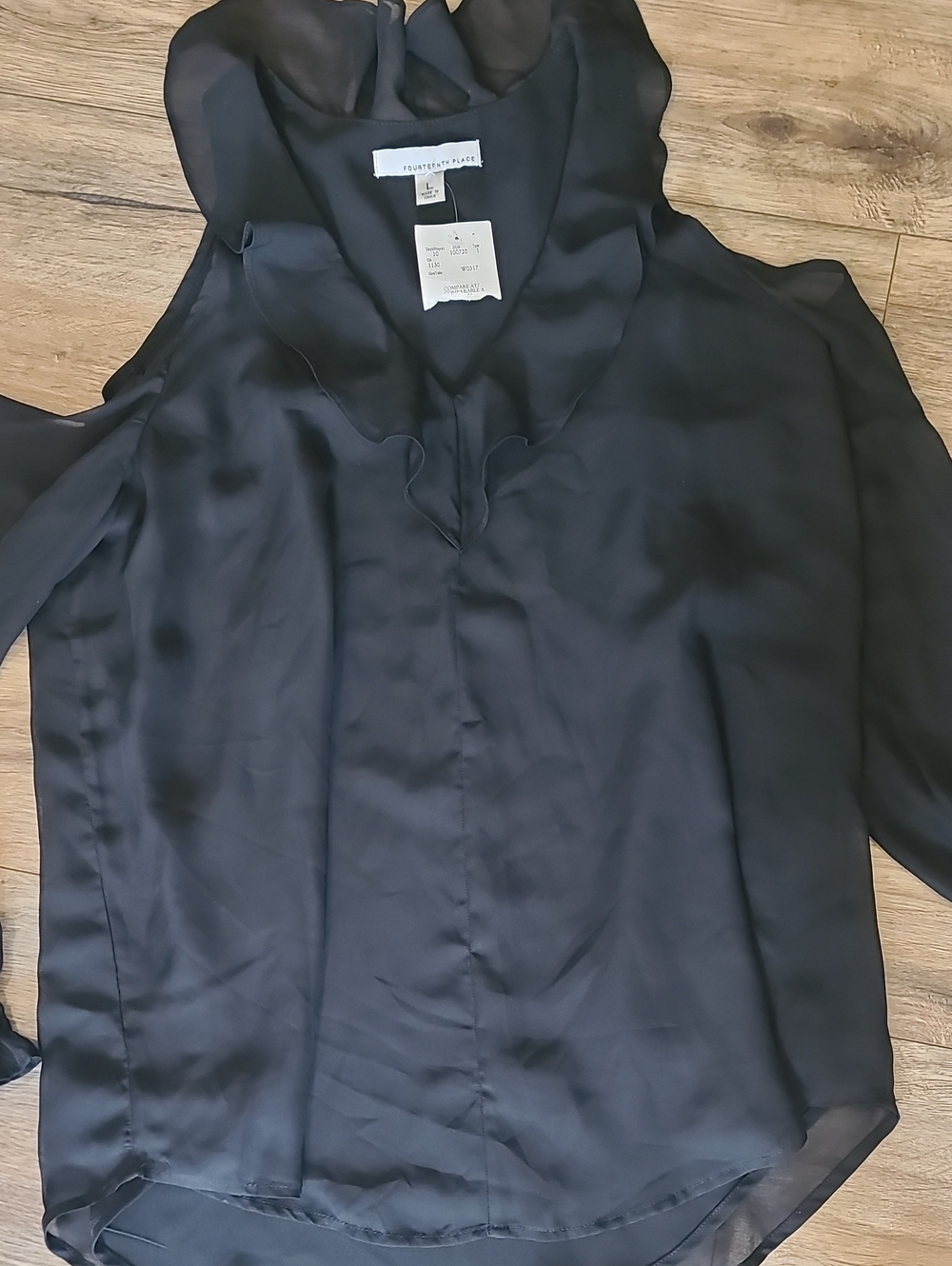 Fourteenth Place Black Ruffle Cold Shoulder Blouse NWT - L - Picture 5 of 6